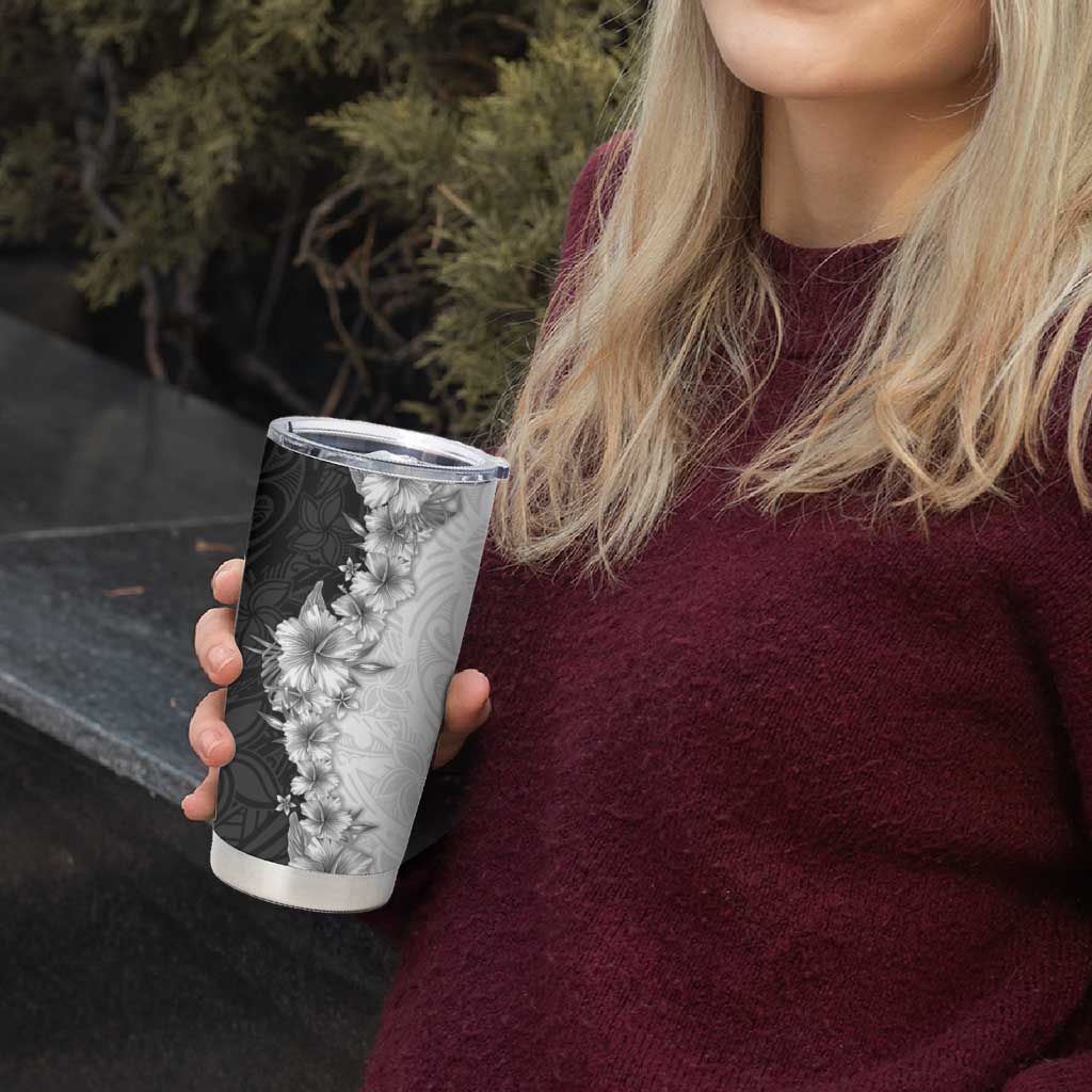 Hawaii Hibiscus Flowers Tumbler Cup Grayscale Polynesian Pattern