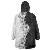 Hawaii Hibiscus Flowers Wearable Blanket Hoodie Grayscale Polynesian Pattern