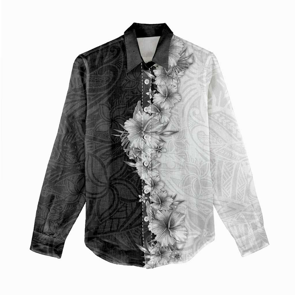 Hawaii Hibiscus Flowers Women Casual Shirt Grayscale Polynesian Pattern