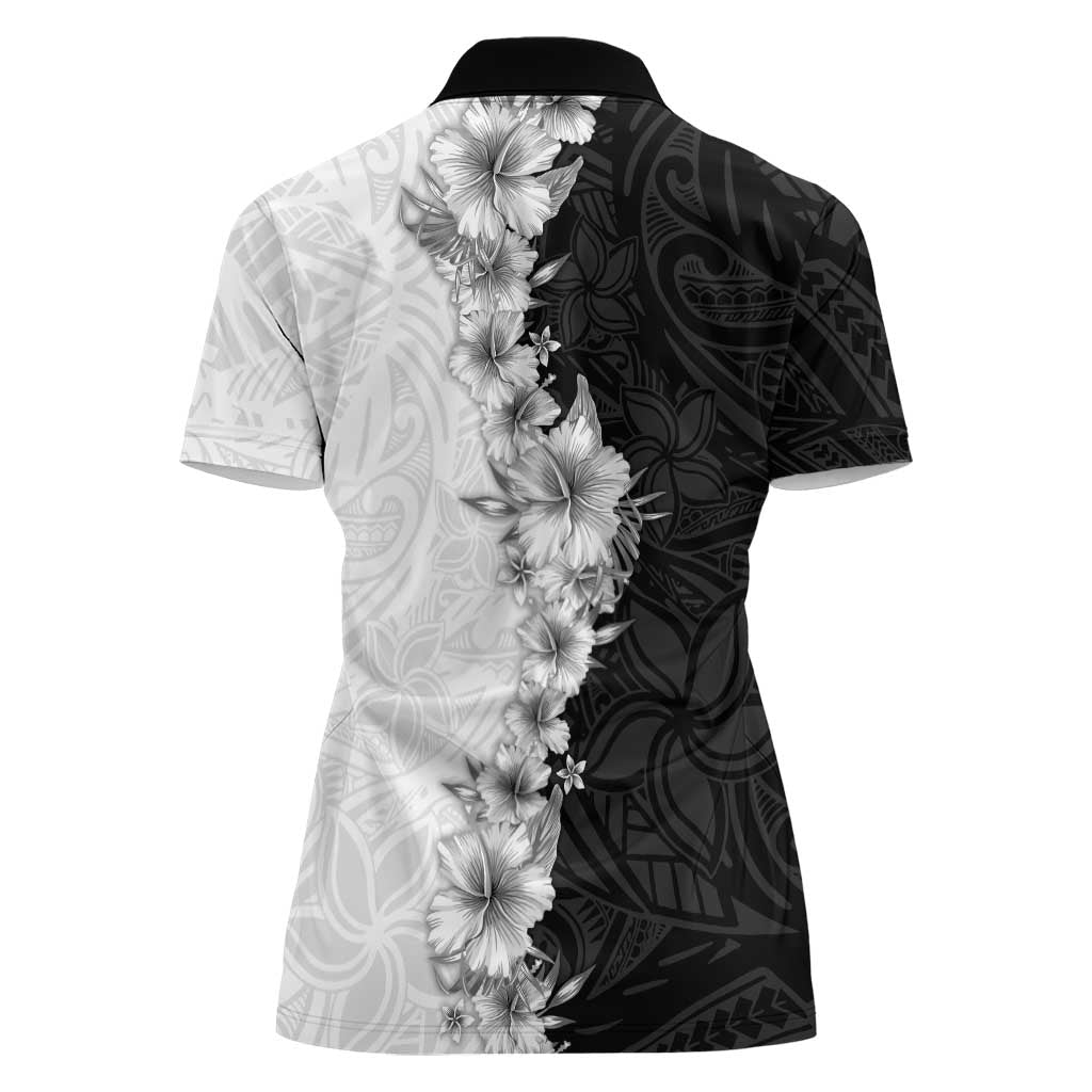Hawaii Hibiscus Flowers Women Polo Shirt Grayscale Polynesian Pattern