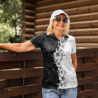 Hawaii Hibiscus Flowers Women Polo Shirt Grayscale Polynesian Pattern