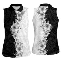 Hawaii Hibiscus Flowers Women Sleeveless Polo Shirt Grayscale Polynesian Pattern
