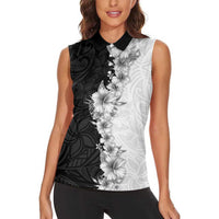 Hawaii Hibiscus Flowers Women Sleeveless Polo Shirt Grayscale Polynesian Pattern
