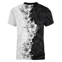 Hawaii Hibiscus Flowers Women V-Neck T-Shirt Grayscale Polynesian Pattern