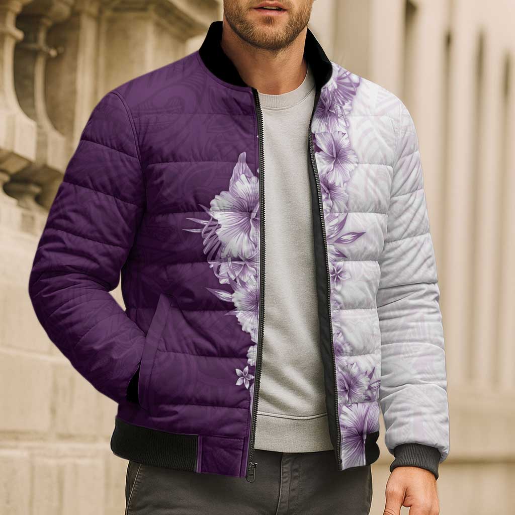 Hawaii Hibiscus Flowers Bomber Puffer Jacket Purple Polynesian Pattern
