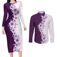 Hawaii Hibiscus Flowers Couples Matching Long Sleeve Bodycon Dress and Long Sleeve Button Shirt Purple Polynesian Pattern LT05 Purple - Polynesian Pride