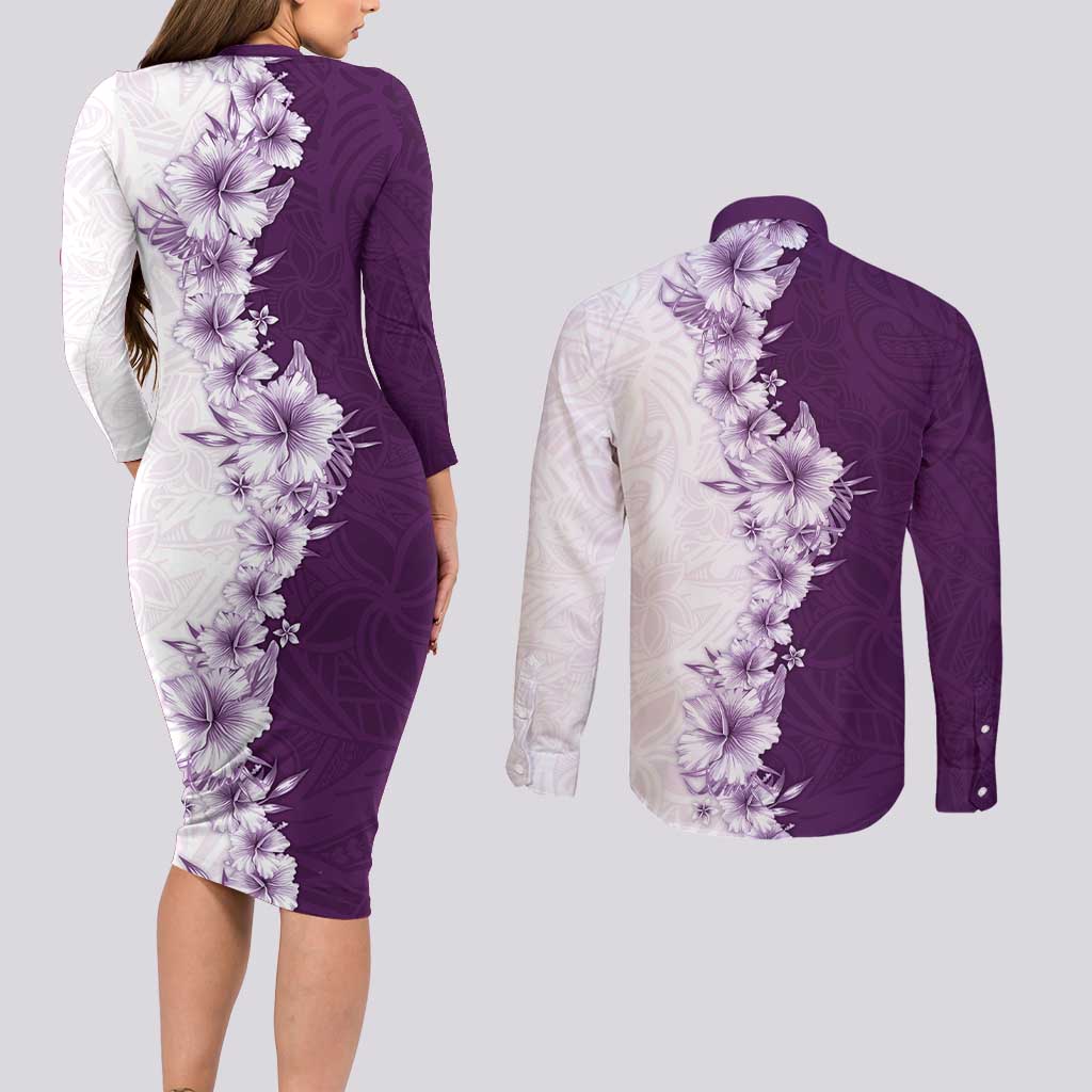 Hawaii Hibiscus Flowers Couples Matching Long Sleeve Bodycon Dress and Long Sleeve Button Shirt Purple Polynesian Pattern LT05 - Polynesian Pride