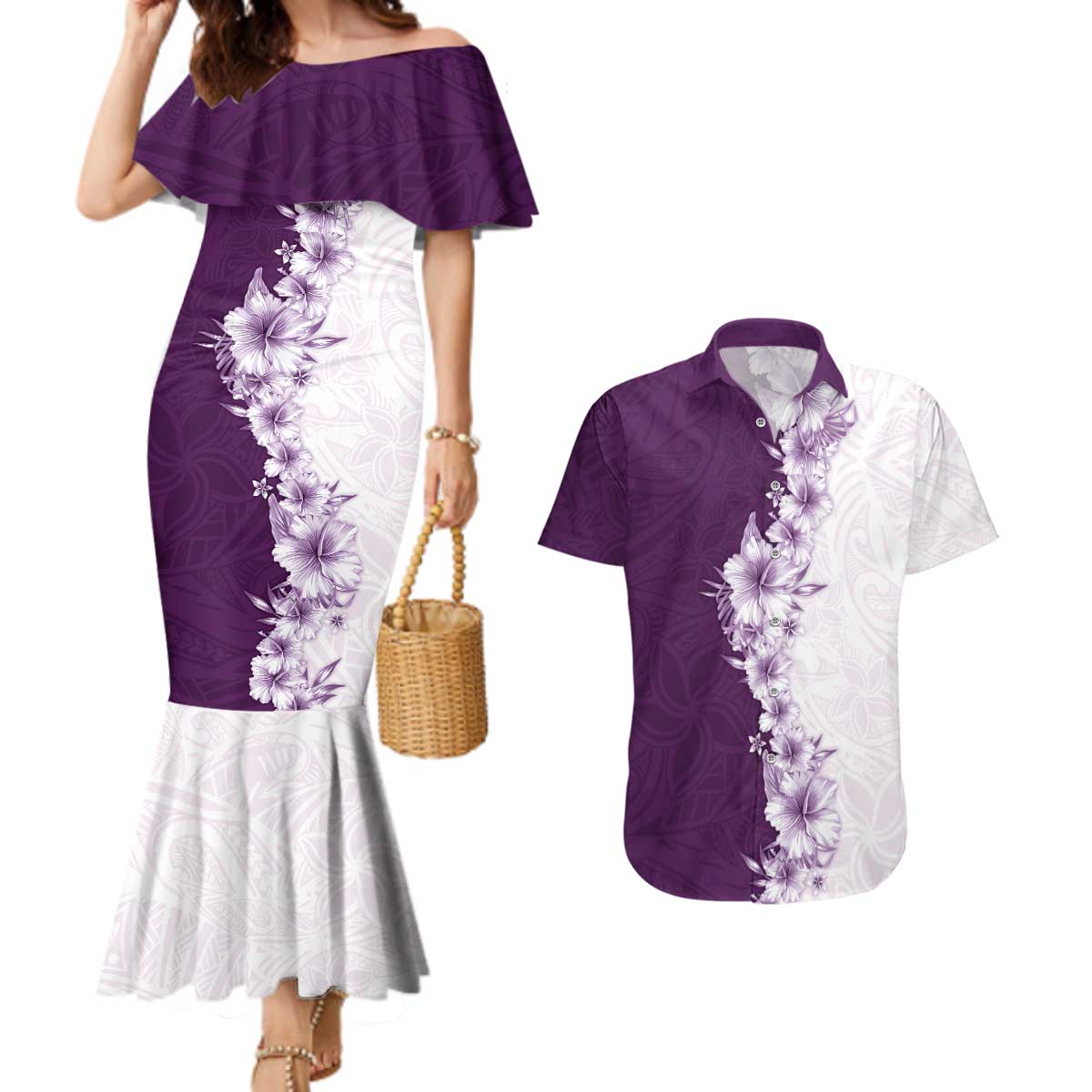 Hawaii Hibiscus Flowers Couples Matching Mermaid Dress and Hawaiian Shirt Purple Polynesian Pattern LT05 Purple - Polynesian Pride