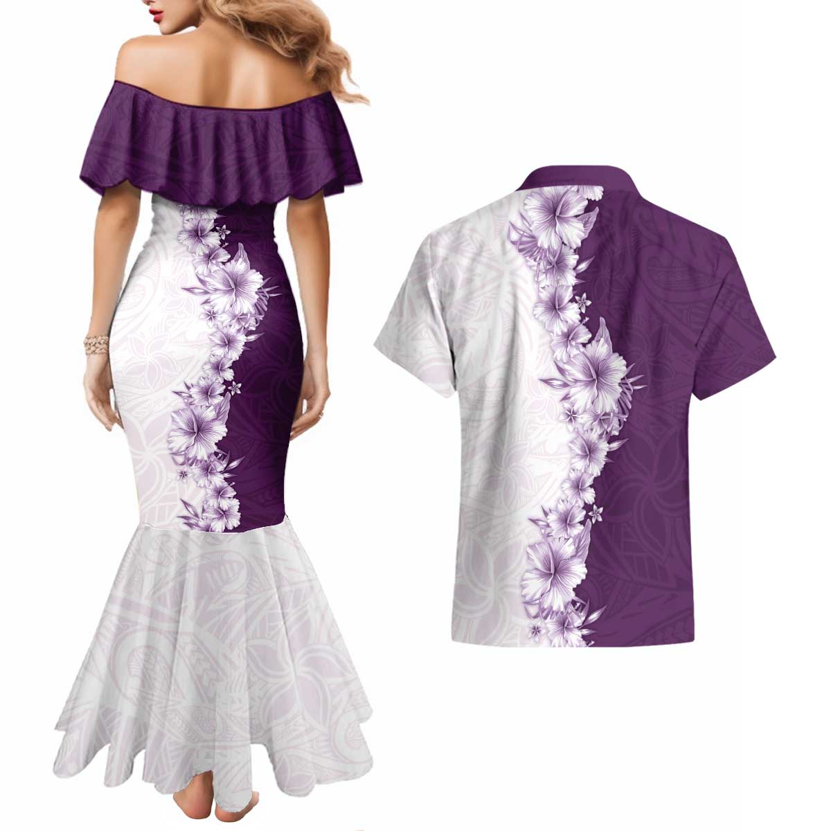 Hawaii Hibiscus Flowers Couples Matching Mermaid Dress and Hawaiian Shirt Purple Polynesian Pattern LT05 - Polynesian Pride