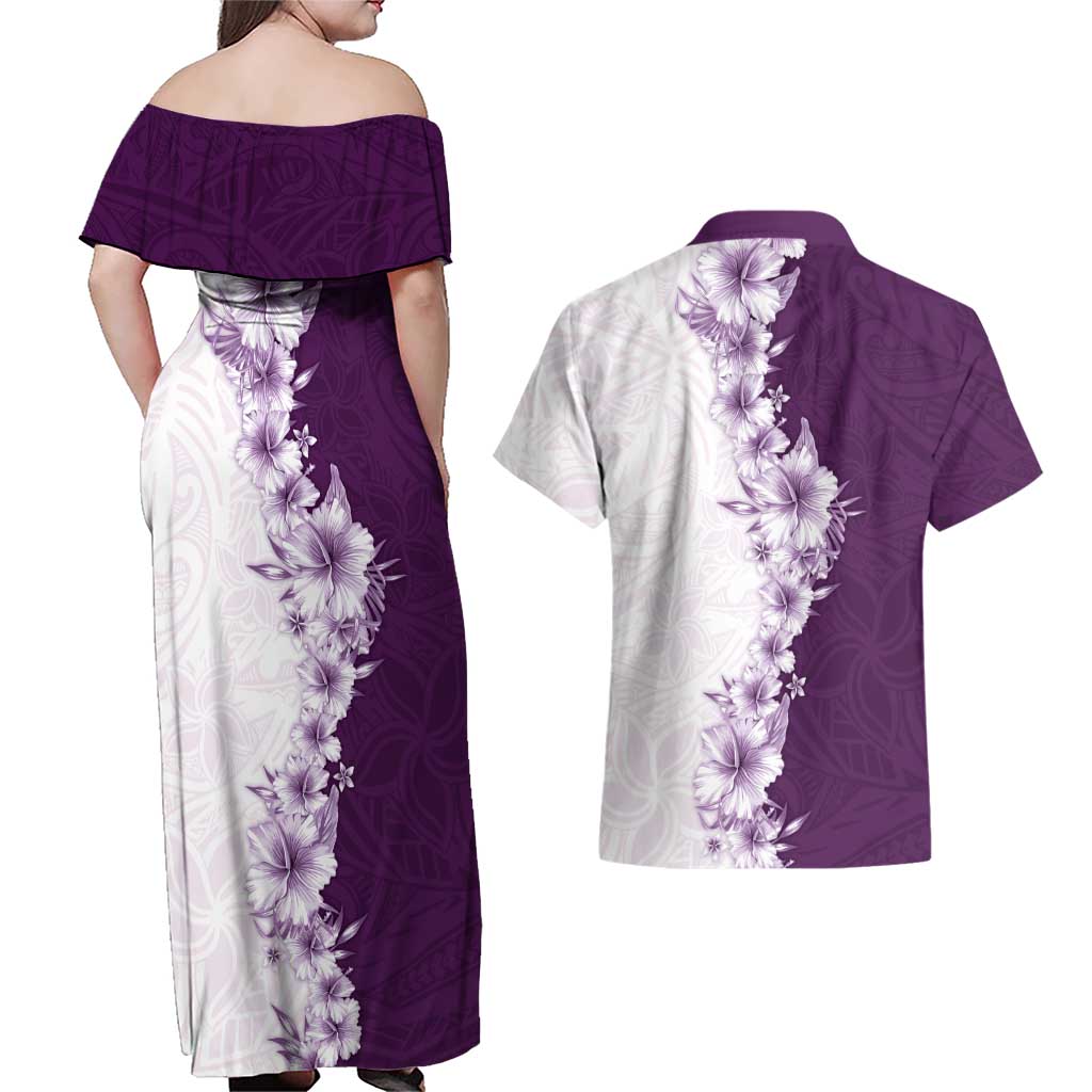 Hawaii Hibiscus Flowers Couples Matching Off Shoulder Maxi Dress and Hawaiian Shirt Purple Polynesian Pattern LT05 - Polynesian Pride