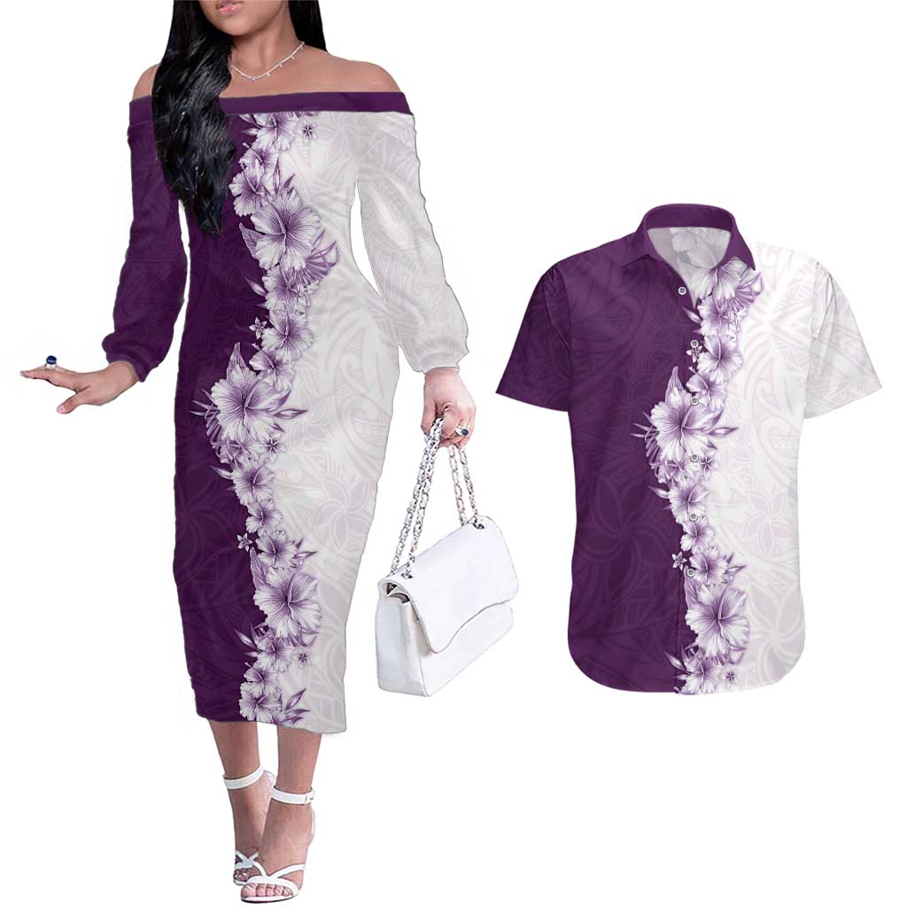 Hawaii Hibiscus Flowers Couples Matching Off The Shoulder Long Sleeve Dress and Hawaiian Shirt Purple Polynesian Pattern