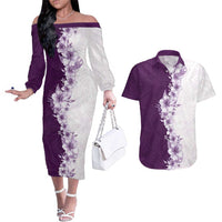 Hawaii Hibiscus Flowers Couples Matching Off The Shoulder Long Sleeve Dress and Hawaiian Shirt Purple Polynesian Pattern
