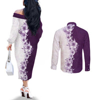 Hawaii Hibiscus Flowers Couples Matching Off The Shoulder Long Sleeve Dress and Long Sleeve Button Shirt Purple Polynesian Pattern