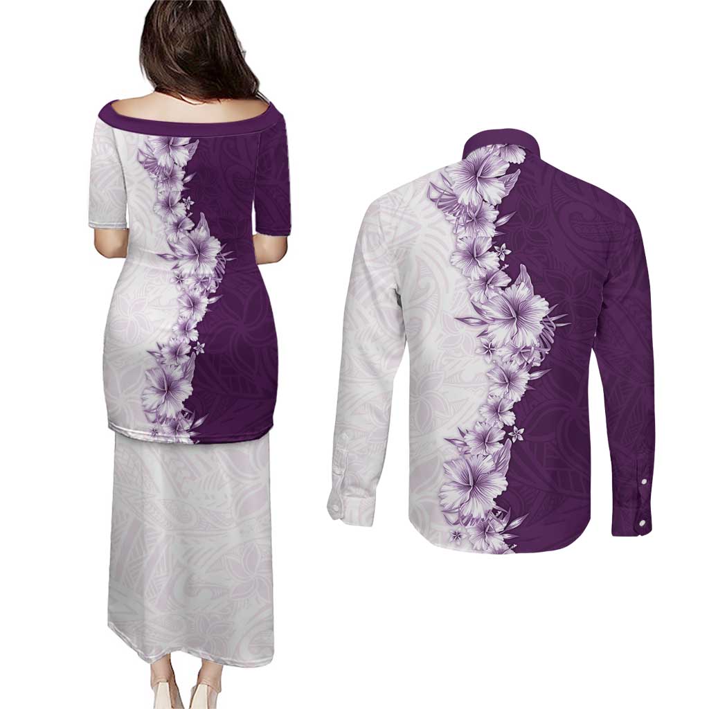 Hawaii Hibiscus Flowers Couples Matching Puletasi and Long Sleeve Button Shirt Purple Polynesian Pattern LT05 - Polynesian Pride