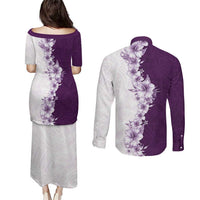 Hawaii Hibiscus Flowers Couples Matching Puletasi and Long Sleeve Button Shirt Purple Polynesian Pattern LT05 - Polynesian Pride