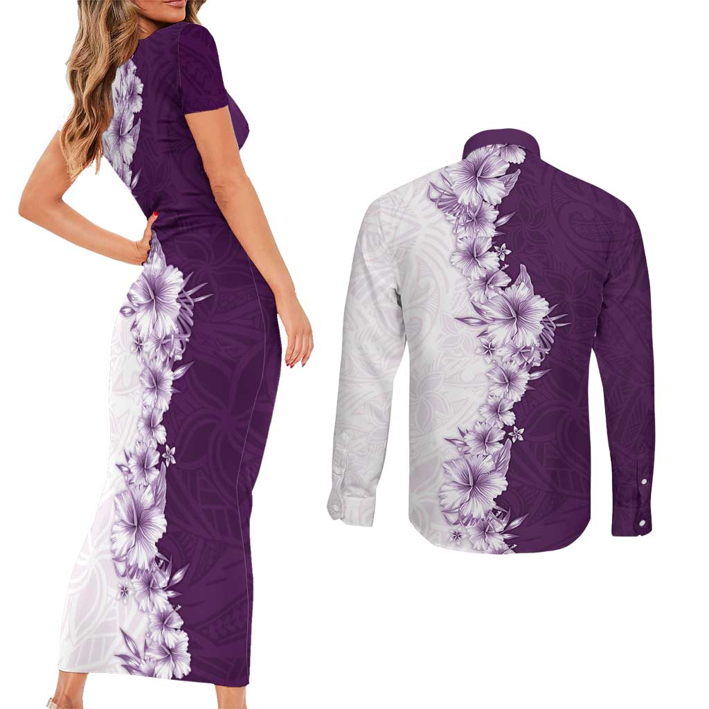 Hawaii Hibiscus Flowers Couples Matching Short Sleeve Bodycon Dress and Long Sleeve Button Shirt Purple Polynesian Pattern LT05 - Polynesian Pride