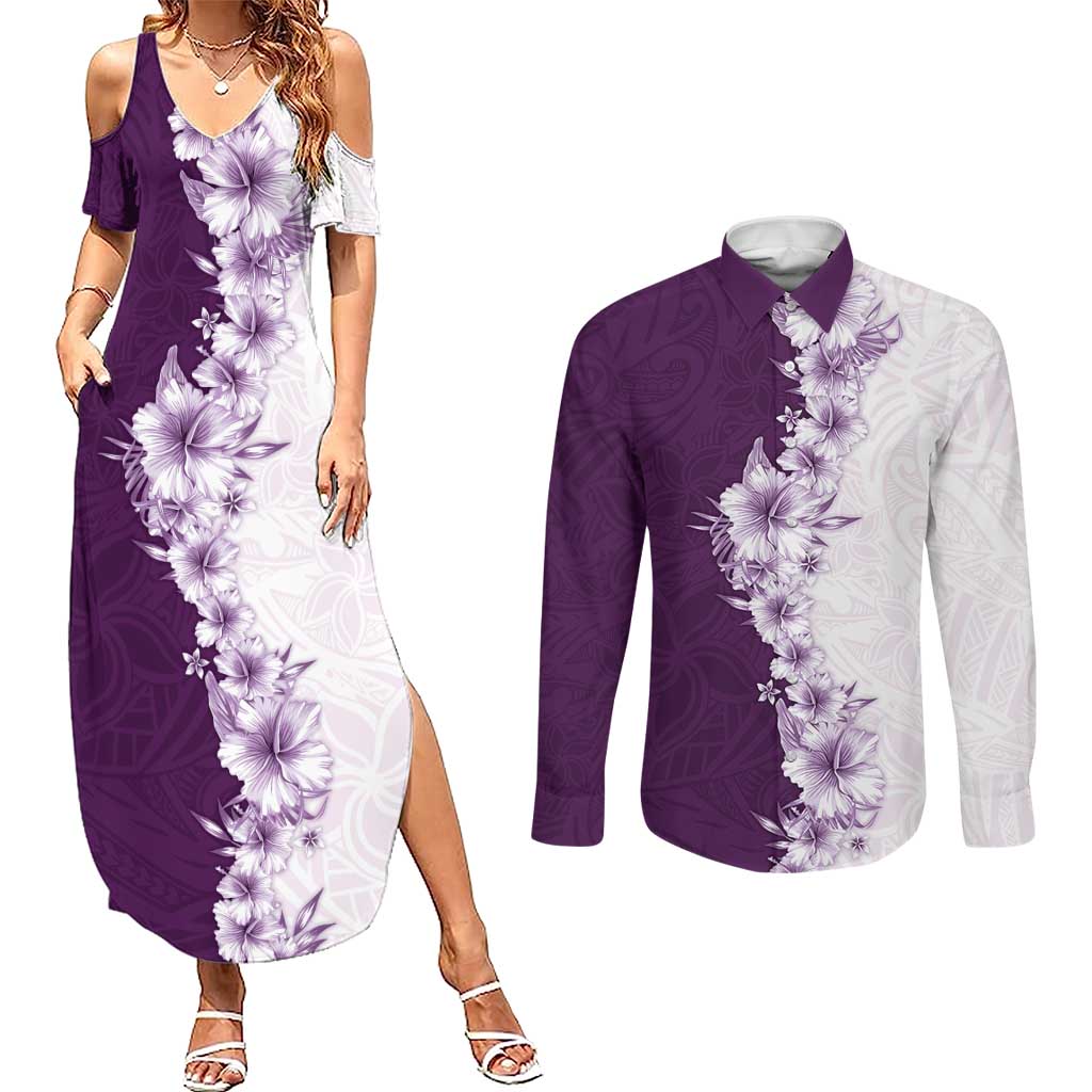 Hawaii Hibiscus Flowers Couples Matching Summer Maxi Dress and Long Sleeve Button Shirt Purple Polynesian Pattern