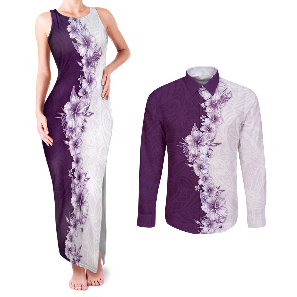 Hawaii Hibiscus Flowers Couples Matching Tank Maxi Dress and Long Sleeve Button Shirt Purple Polynesian Pattern