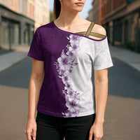 Hawaii Hibiscus Flowers Cross Shoulder Shirt Purple Polynesian Pattern