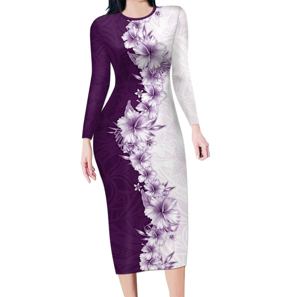 Hawaii Hibiscus Flowers Family Matching Long Sleeve Bodycon Dress and Hawaiian Shirt Purple Polynesian Pattern