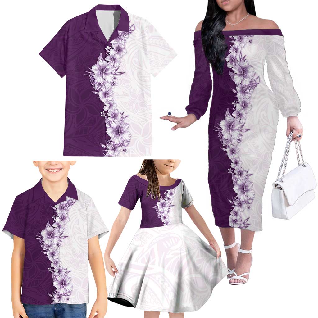 Hawaii Hibiscus Flowers Family Matching Off The Shoulder Long Sleeve Dress and Hawaiian Shirt Purple Polynesian Pattern