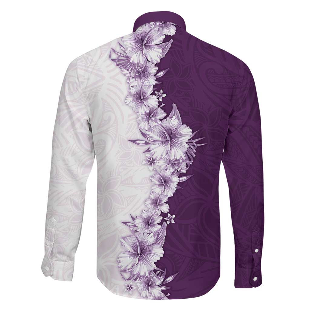 Hawaii Hibiscus Flowers Family Matching Off The Shoulder Long Sleeve Dress and Hawaiian Shirt Purple Polynesian Pattern