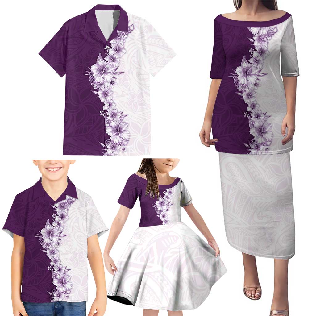 Hawaii Hibiscus Flowers Family Matching Puletasi and Hawaiian Shirt Purple Polynesian Pattern