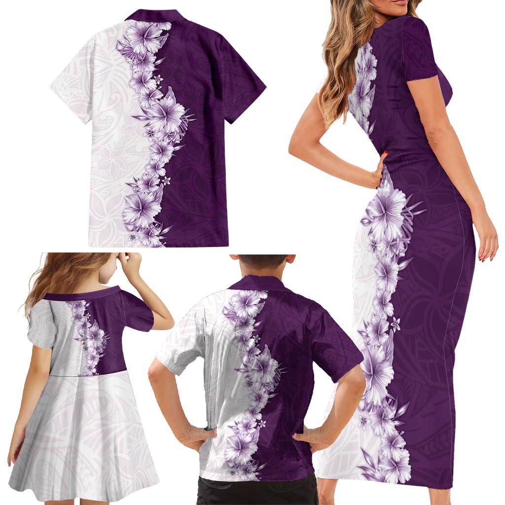 Hawaii Hibiscus Flowers Family Matching Short Sleeve Bodycon Dress and Hawaiian Shirt Purple Polynesian Pattern