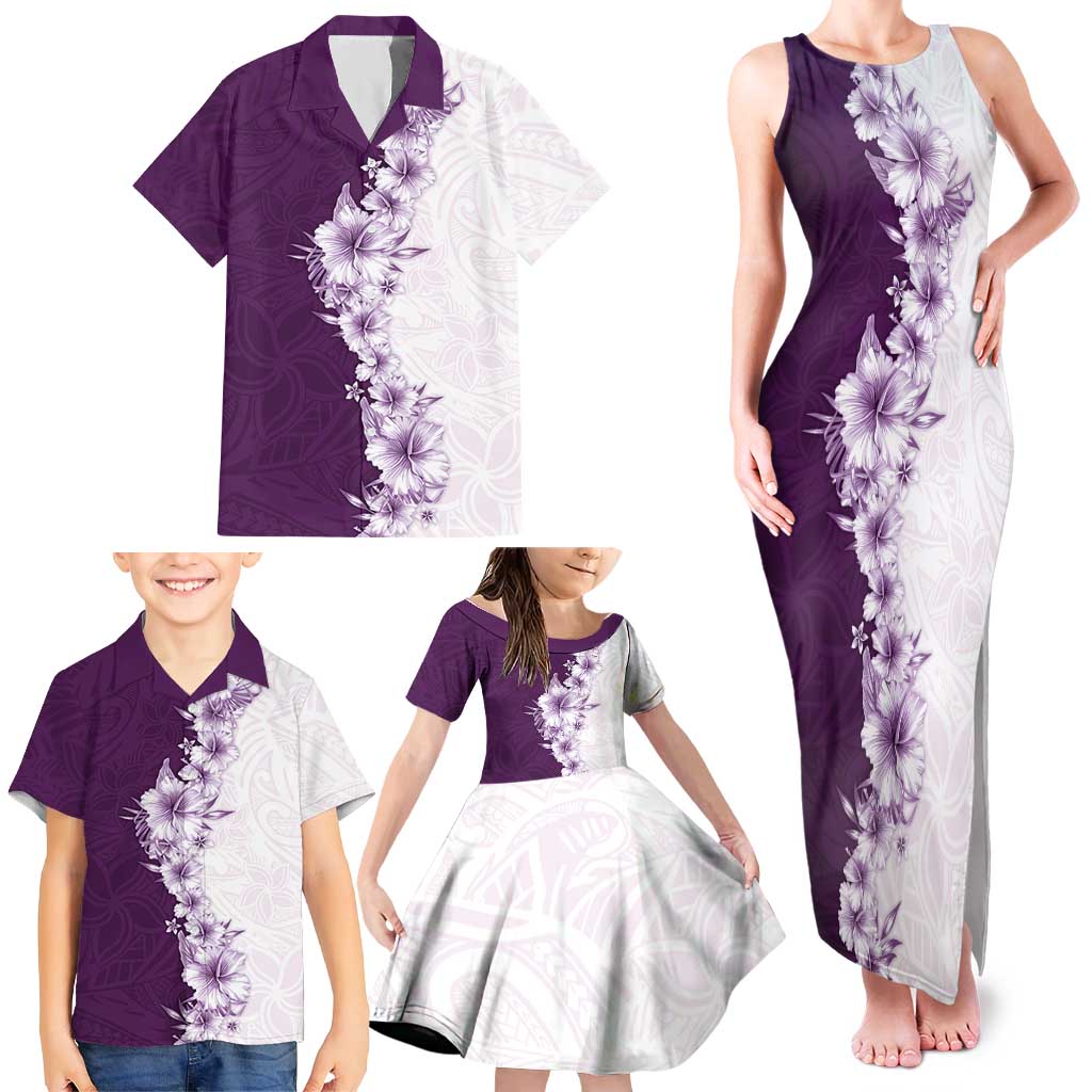Hawaii Hibiscus Flowers Family Matching Tank Maxi Dress and Hawaiian Shirt Purple Polynesian Pattern