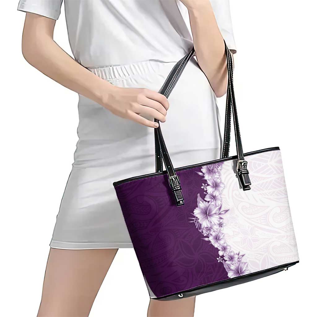 Hawaii Hibiscus Flowers Leather Tote Bag Purple Polynesian Pattern