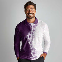 Hawaii Hibiscus Flowers Long Sleeve Polo Shirt Purple Polynesian Pattern
