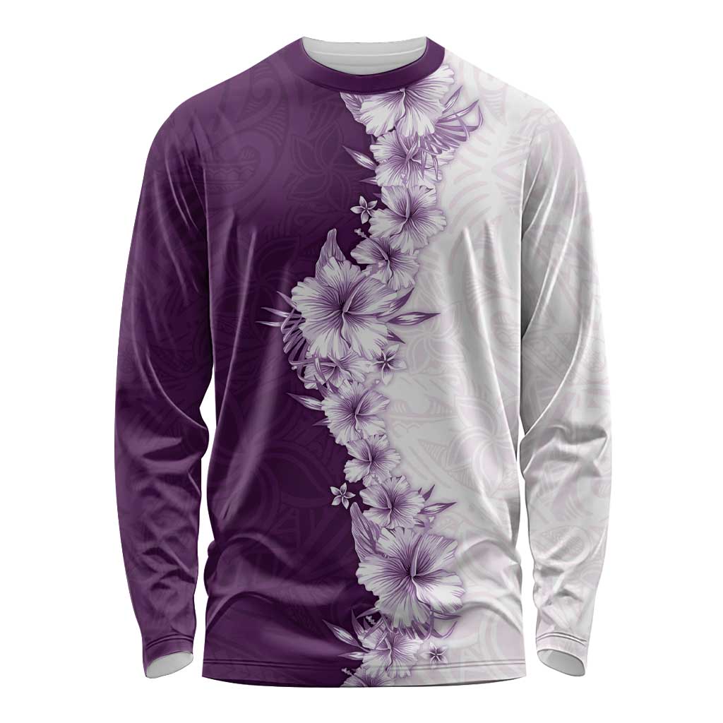 Hawaii Hibiscus Flowers Long Sleeve Shirt Purple Polynesian Pattern
