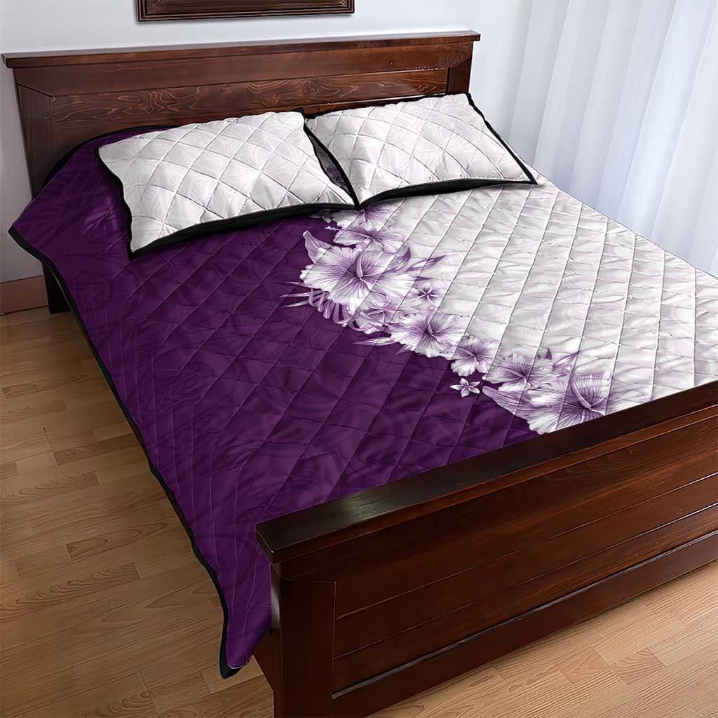Hawaii Hibiscus Flowers Quilt Bed Set Purple Polynesian Pattern
