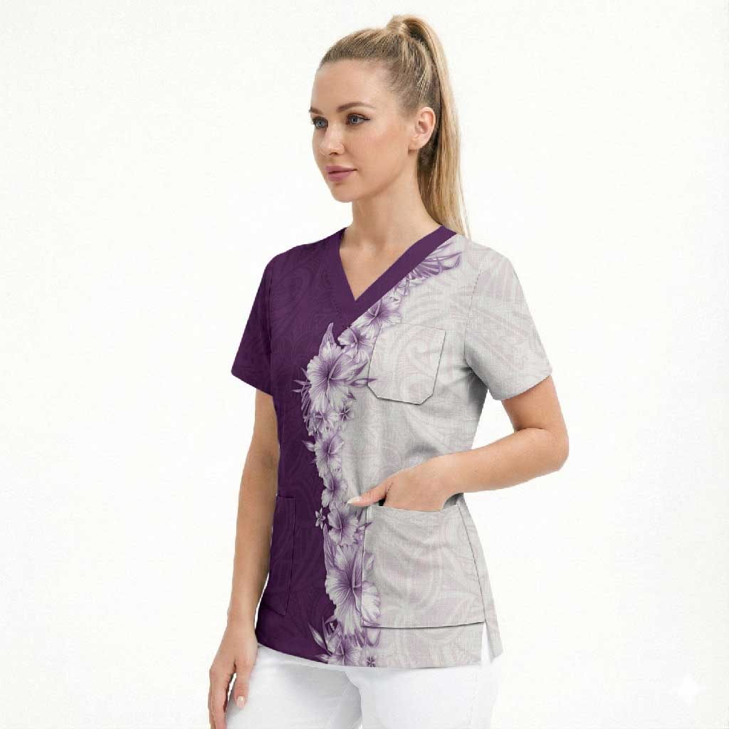 Hawaii Hibiscus Flowers Scrub Top Purple Polynesian Pattern