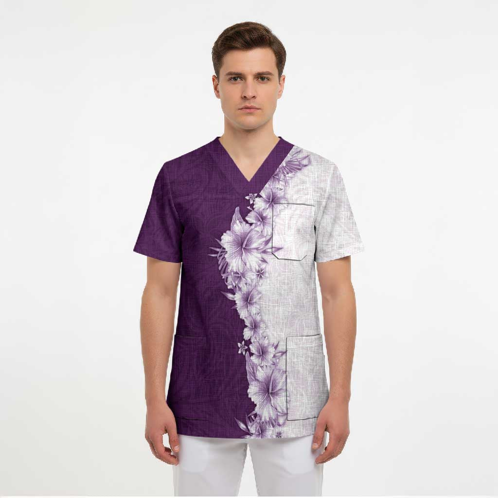 Hawaii Hibiscus Flowers Scrub Top Purple Polynesian Pattern