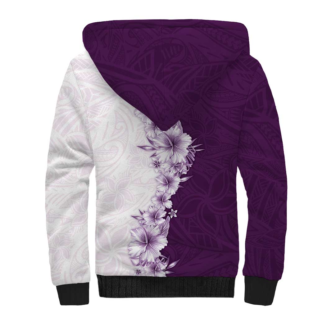 Hawaii Hibiscus Flowers Sherpa Hoodie Purple Polynesian Pattern