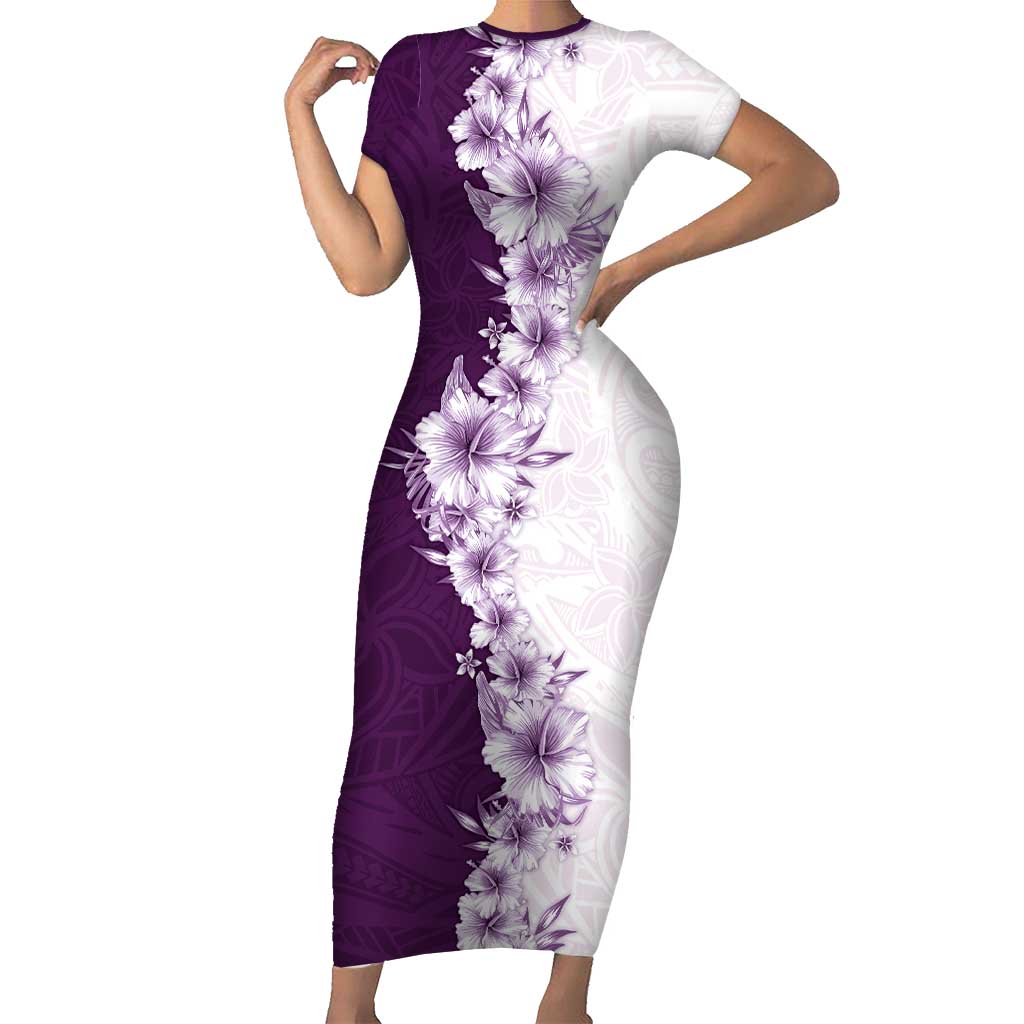 Hawaii Hibiscus Flowers Short Sleeve Bodycon Dress Purple Polynesian Pattern