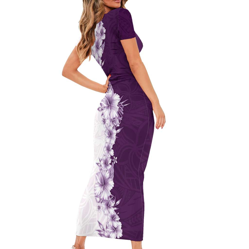 Hawaii Hibiscus Flowers Short Sleeve Bodycon Dress Purple Polynesian Pattern