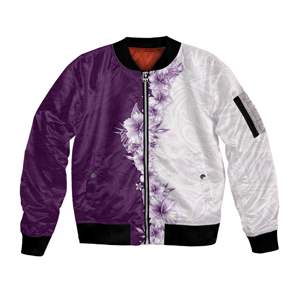 Hawaii Hibiscus Flowers Sleeve Zip Bomber Jacket Purple Polynesian Pattern
