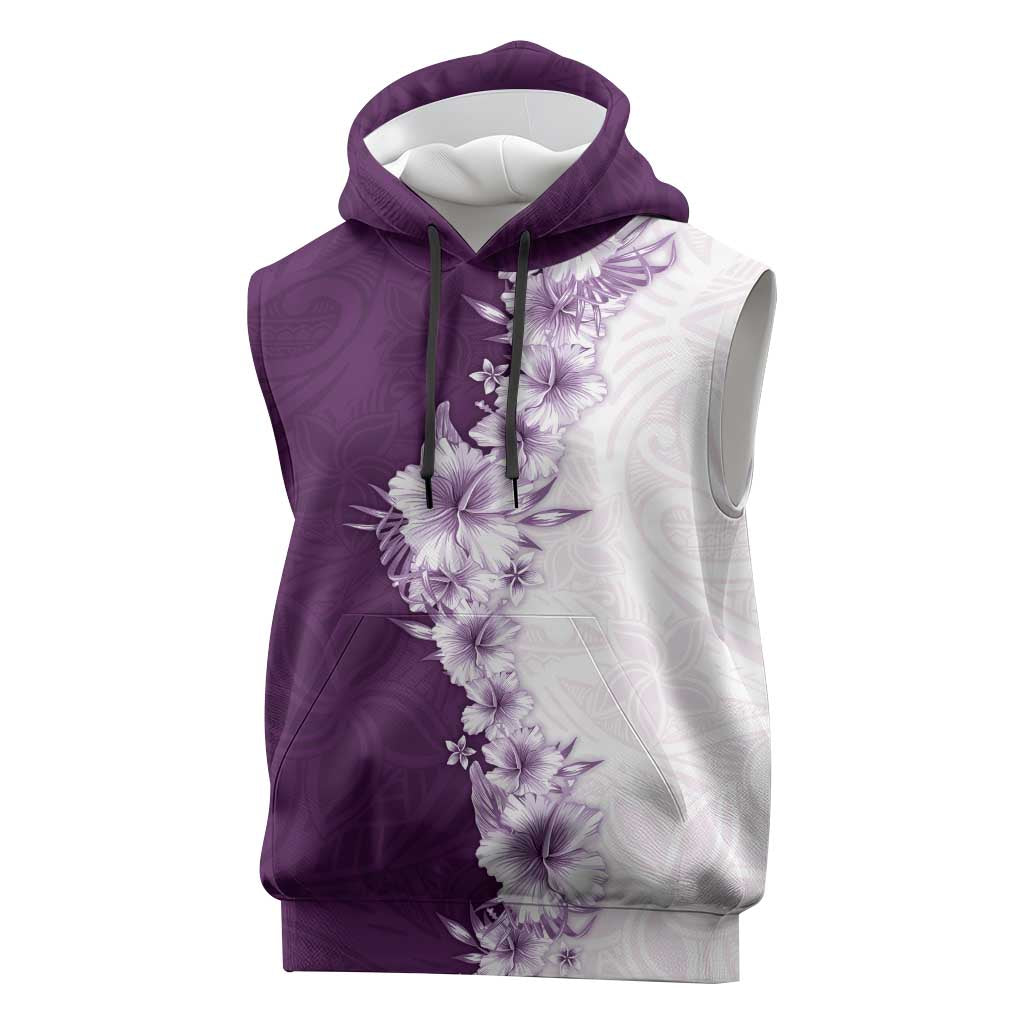 Hawaii Hibiscus Flowers Sleeveless Hoodie Purple Polynesian Pattern