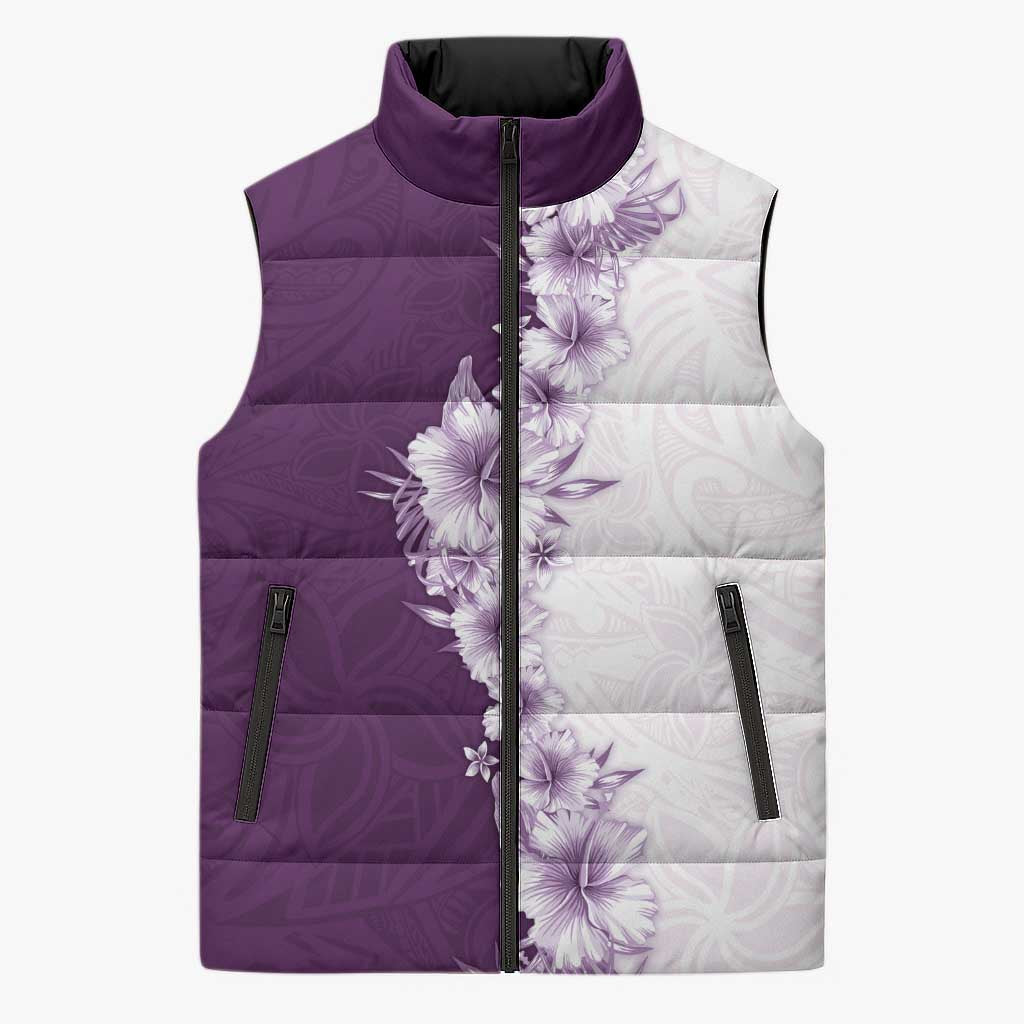 Hawaii Hibiscus Flowers Sleeveless Puffer Jacket Purple Polynesian Pattern