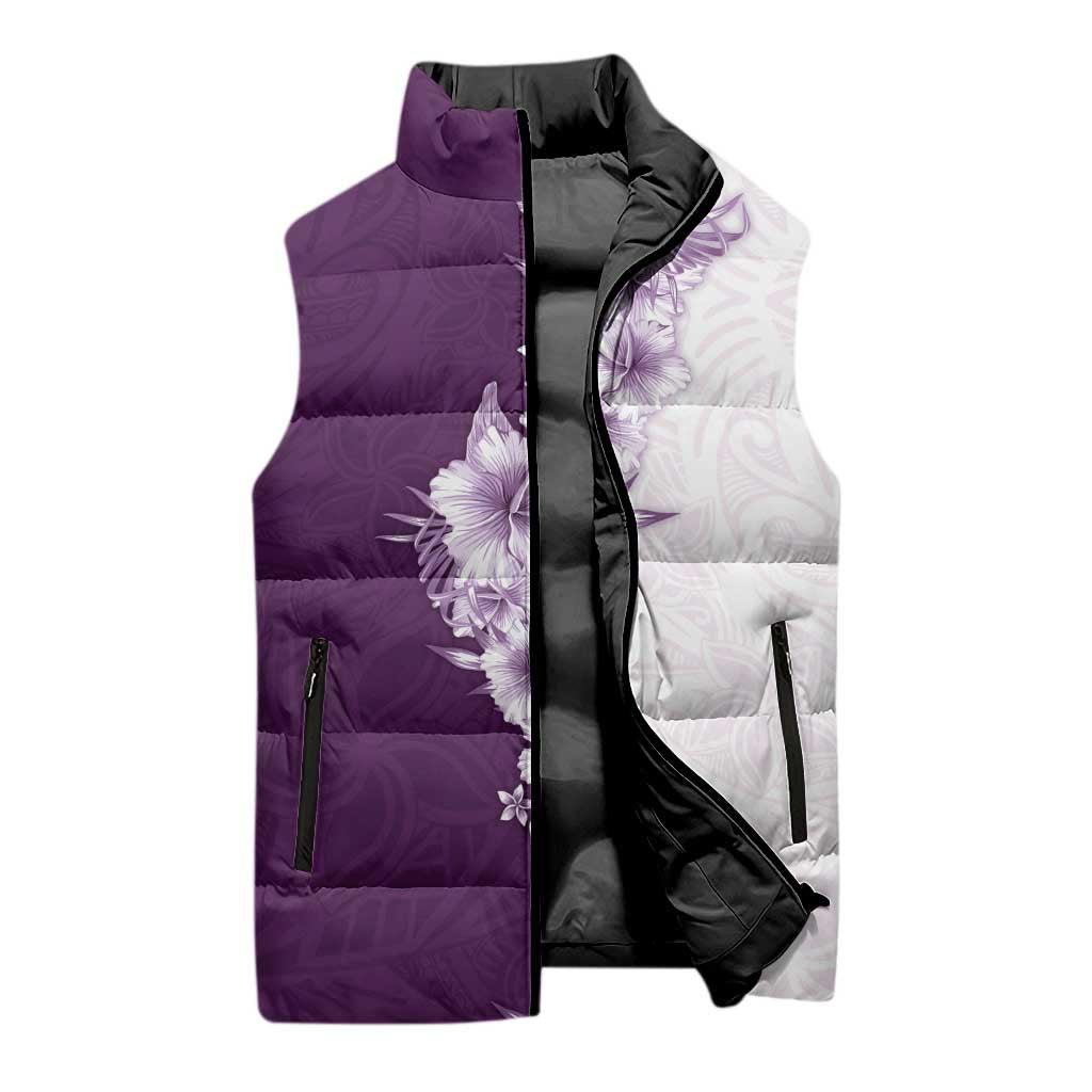 Hawaii Hibiscus Flowers Sleeveless Puffer Jacket Purple Polynesian Pattern