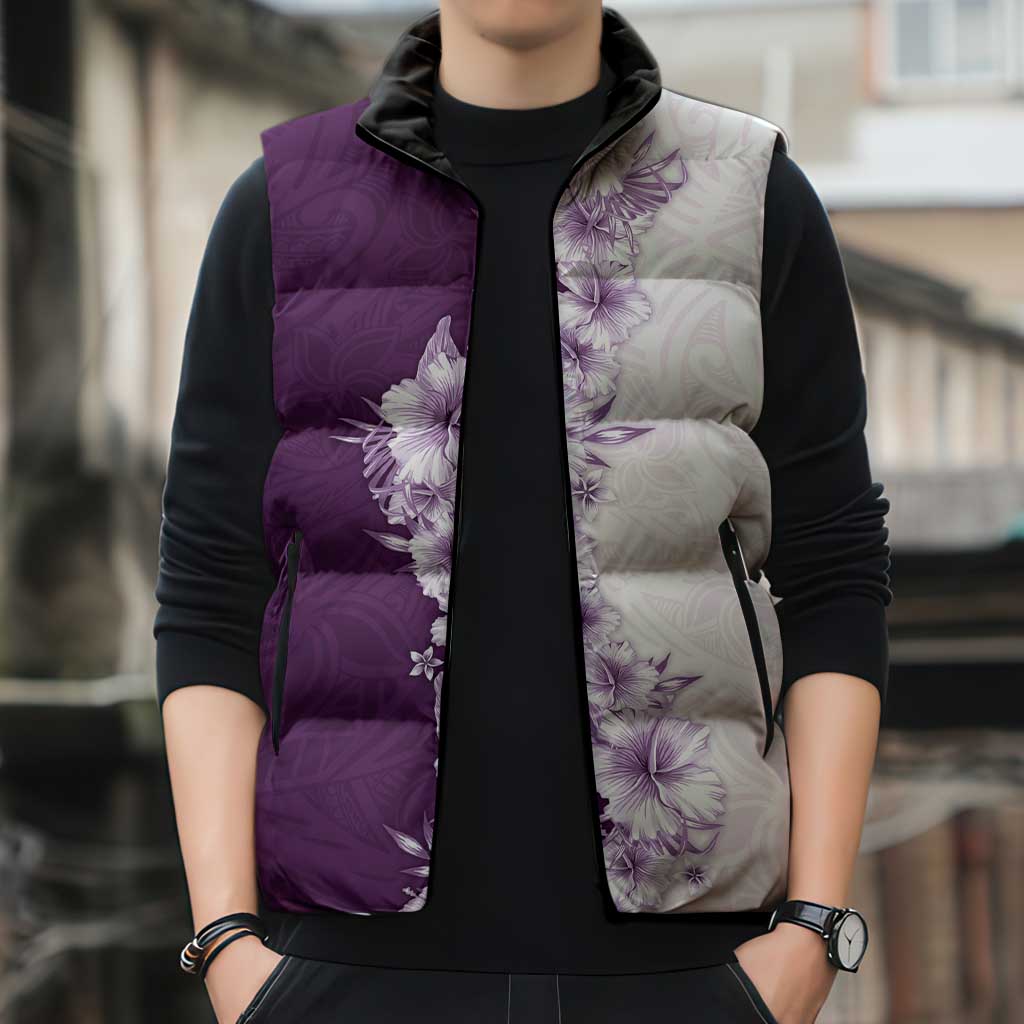 Hawaii Hibiscus Flowers Sleeveless Puffer Jacket Purple Polynesian Pattern