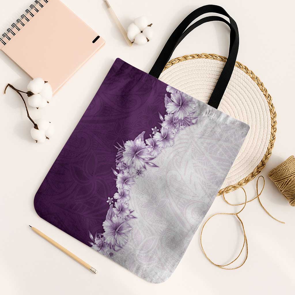 Hawaii Hibiscus Flowers Tote Bag Purple Polynesian Pattern