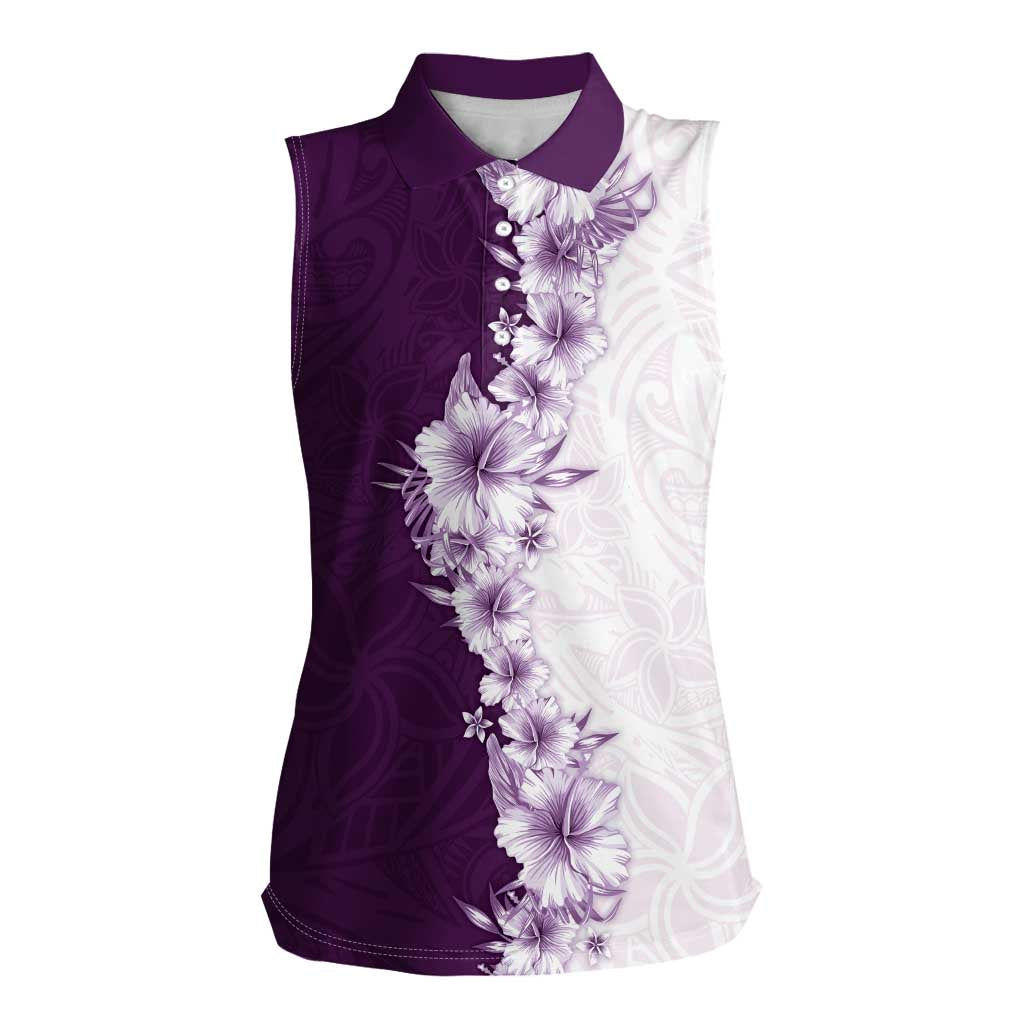Hawaii Hibiscus Flowers Women Sleeveless Polo Shirt Purple Polynesian Pattern