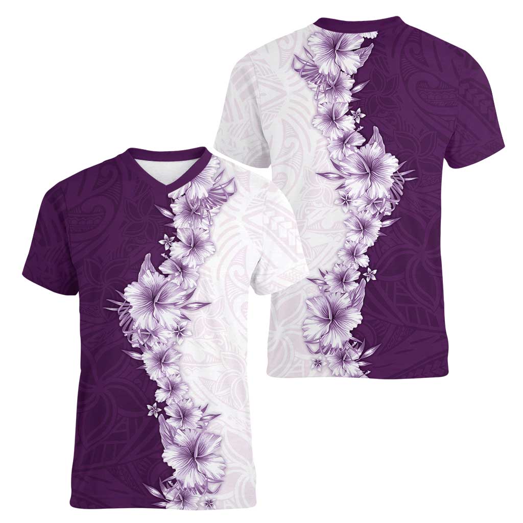 Hawaii Hibiscus Flowers Women V-Neck T-Shirt Purple Polynesian Pattern