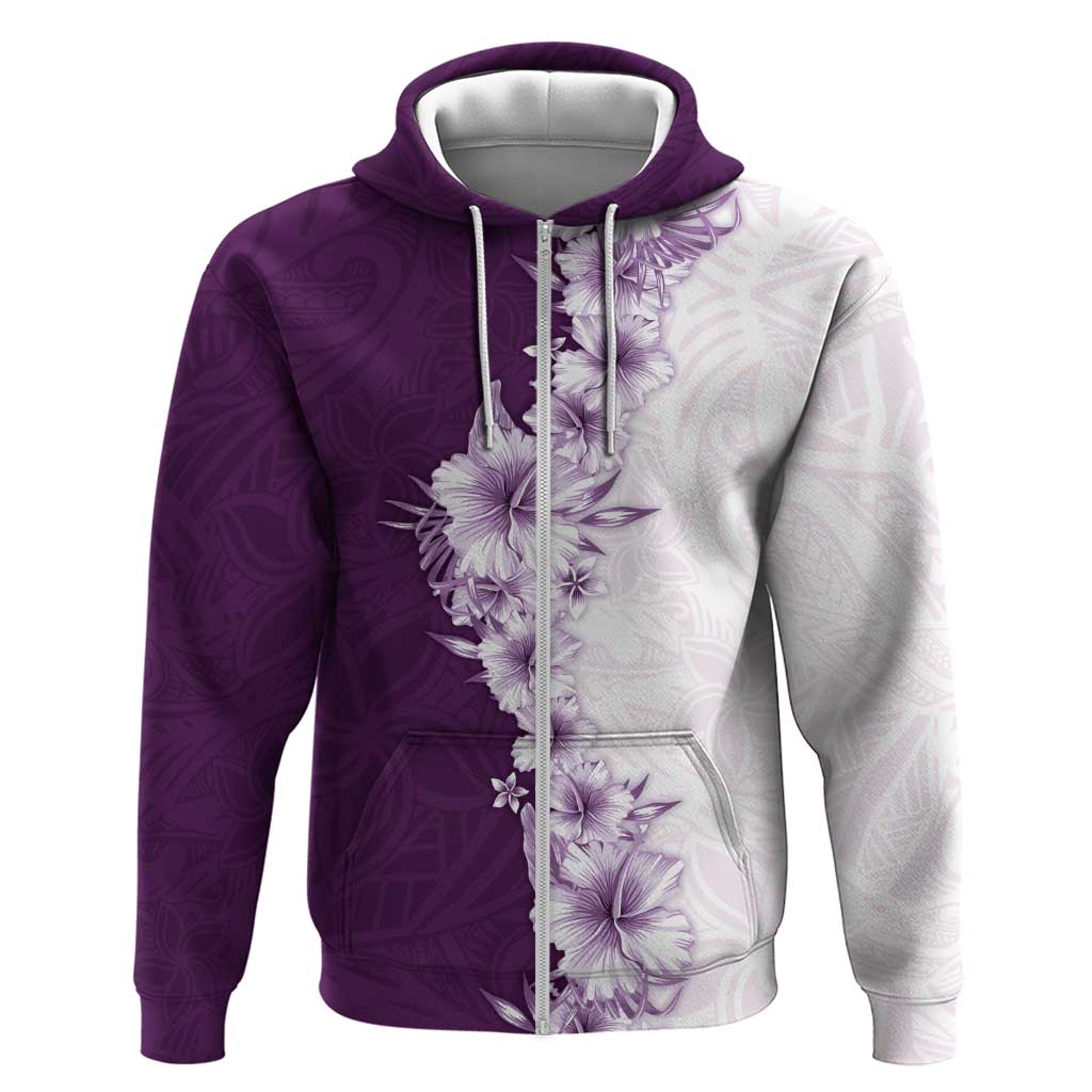 Hawaii Hibiscus Flowers Zip Hoodie Purple Polynesian Pattern
