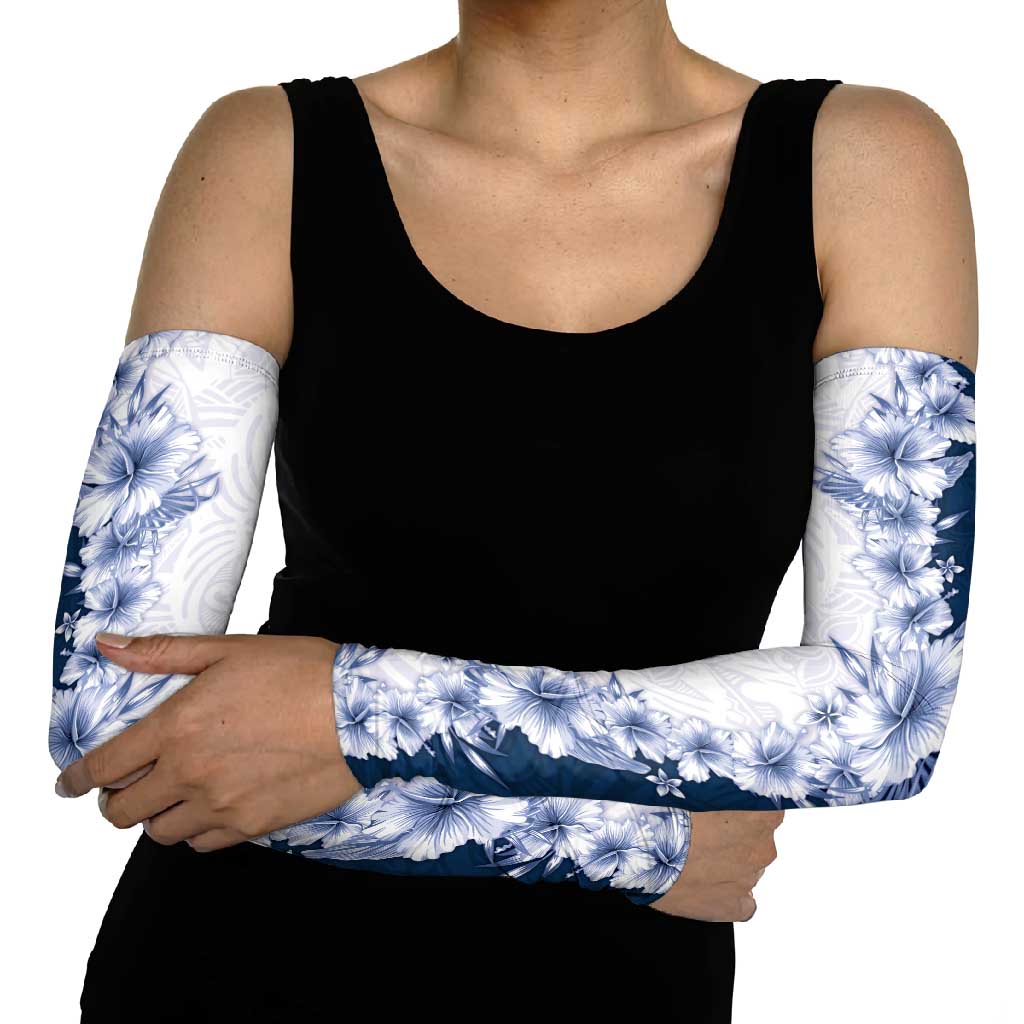 Hawaii Hibiscus Flowers Arm Sleeves Blue Polynesian Pattern