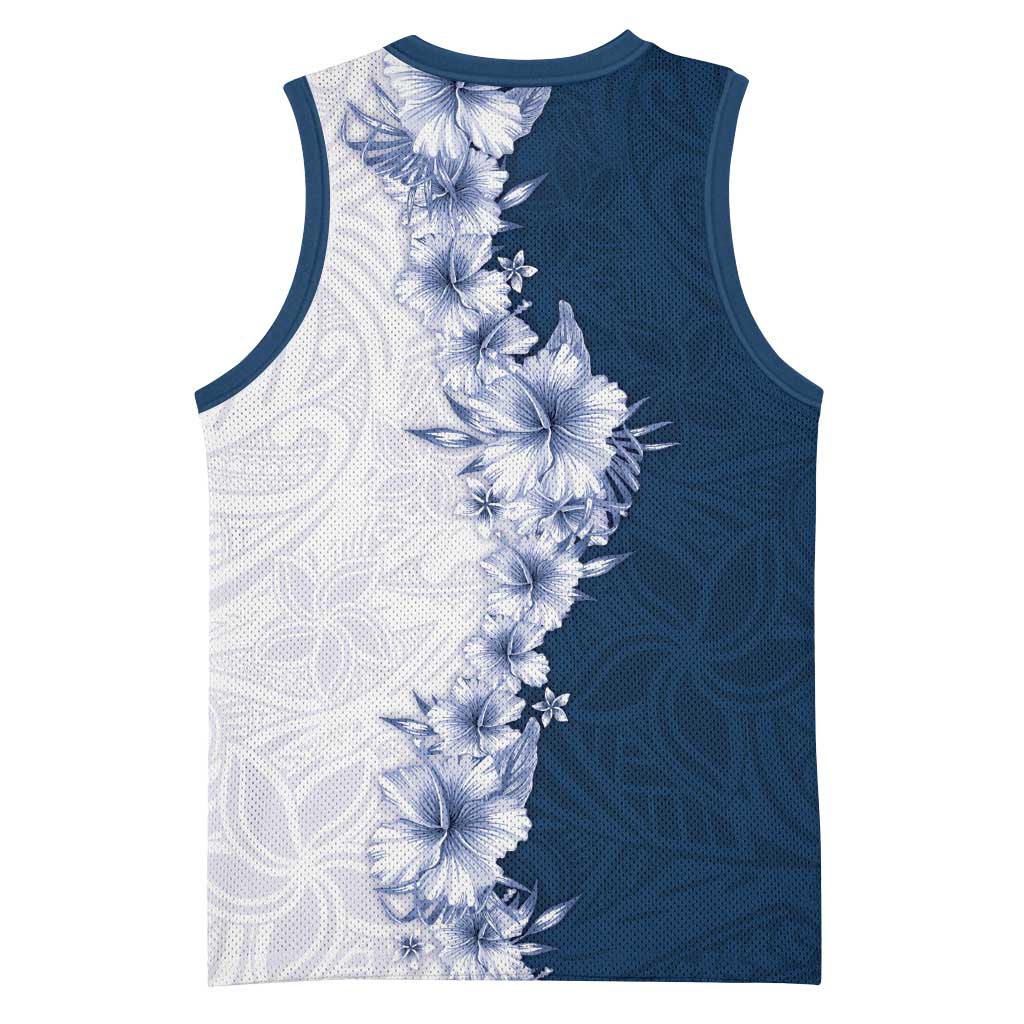Hawaii Hibiscus Flowers Basketball Jersey Blue Polynesian Pattern