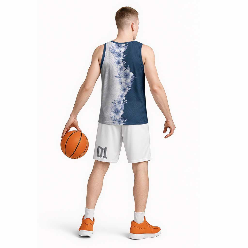 Hawaii Hibiscus Flowers Basketball Jersey Blue Polynesian Pattern